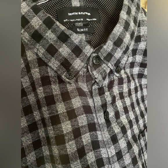 Denim & Flower Button Up Shirt Mens Sz L Slim Fit Gray Black Plaid Long Sleeve - Picture 4 of 8